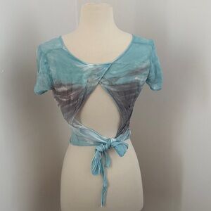 Sheer Blue Tie Dye Mesh Top XS Front Tie Y2K Short Sleeve